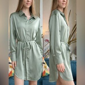House of Harlow 1960 Satin Sage Green Belted Shirt Dress Tunic Silky Minimalist